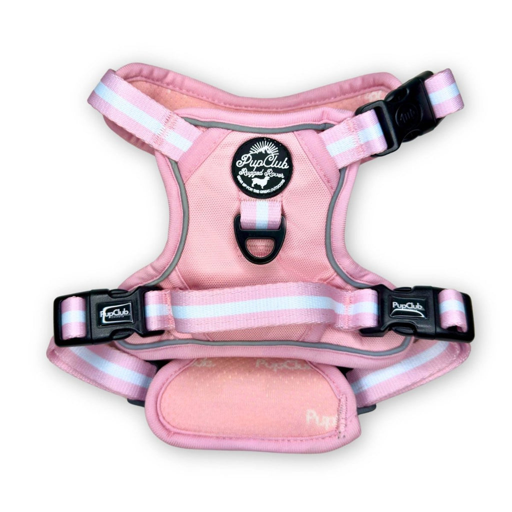 Pastel pink dog harness with front O-ring and striped shoulder straps