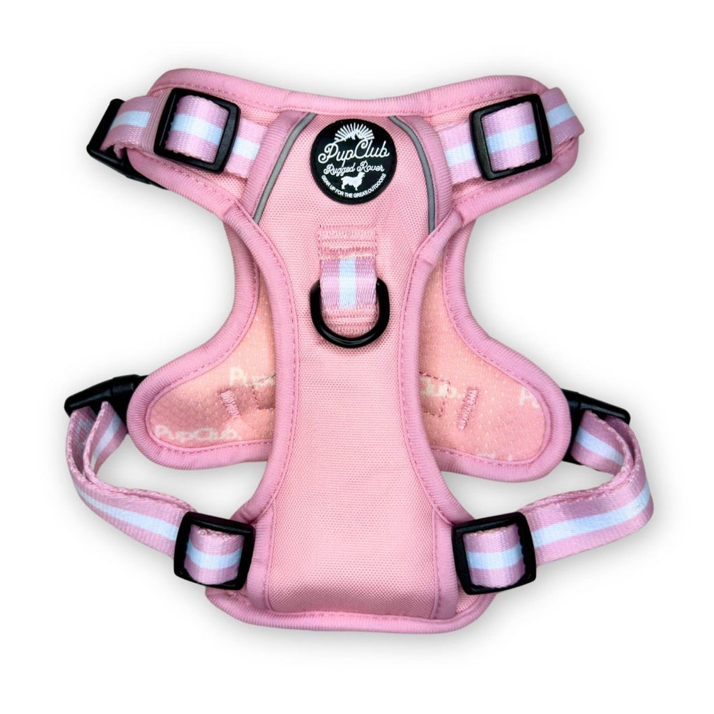 Pastel pink dog harness with black buckles and striped webbing at the straps