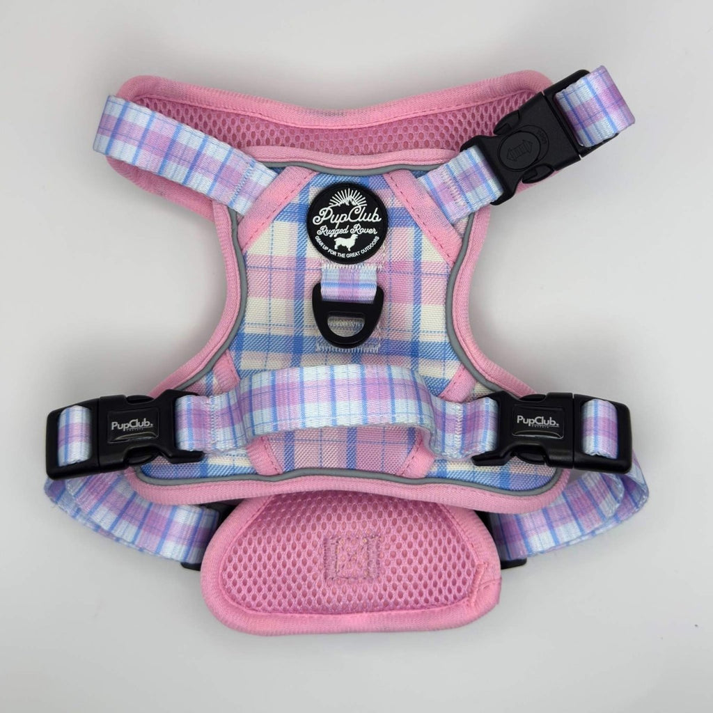 Pink tartan dog harness with adjustable straps, front D-ring, padded chest