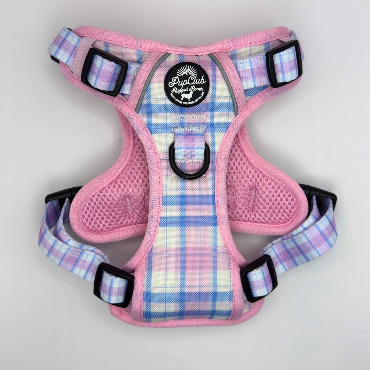 Pink tartan dog harness with black buckles, mesh belly panel, front D-ring