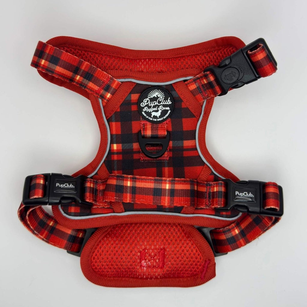 Rugged Rover™ red tartan dog harness with black plastic buckles and chest logo patch