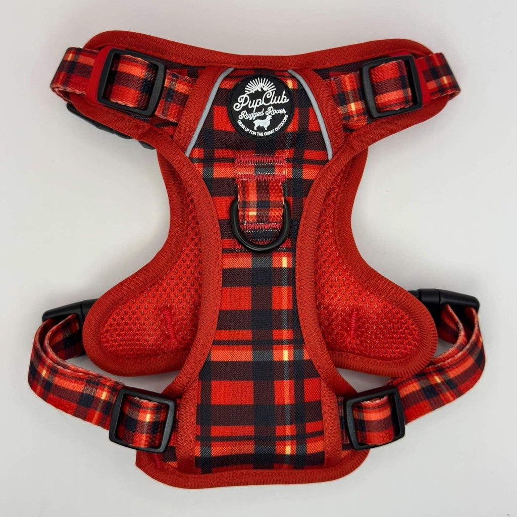 Rugged Rover™ dog harness in red tartan with front buckle and padded chest strap