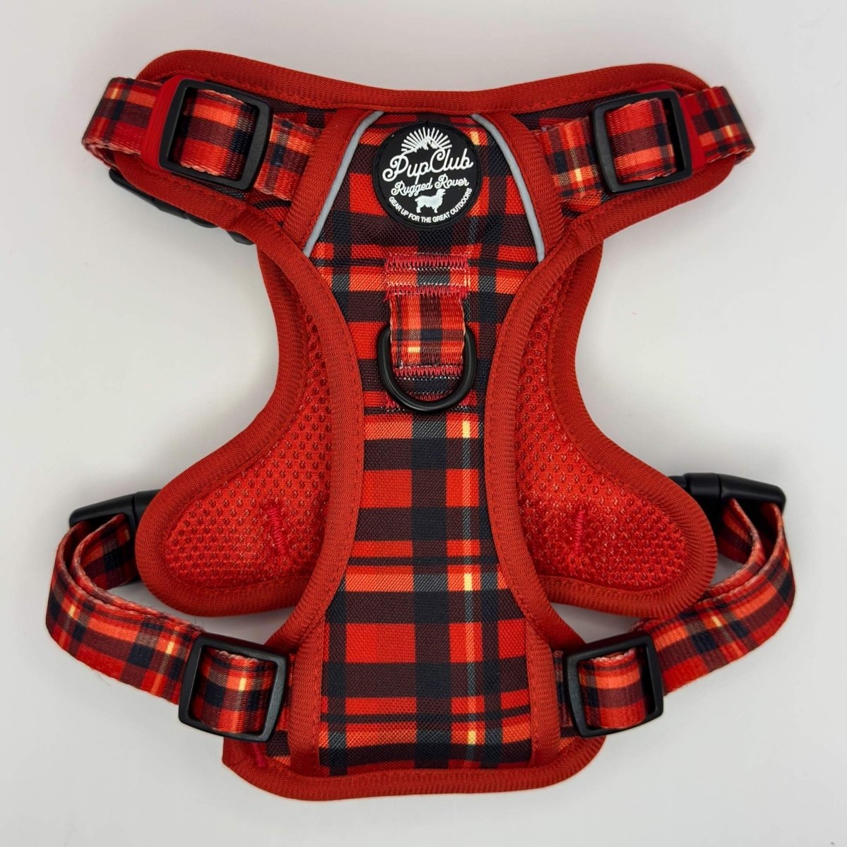 Rugged Rover™ dog harness in red tartan with front buckle and padded chest strap