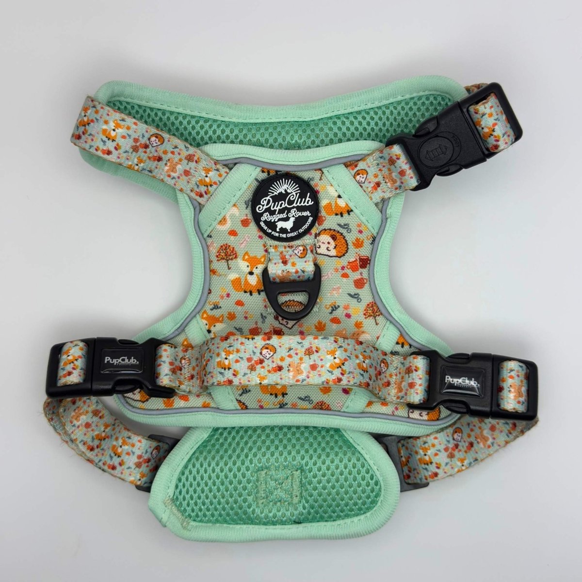 Woodland animal print dog harness in mint with black buckles and padded chest