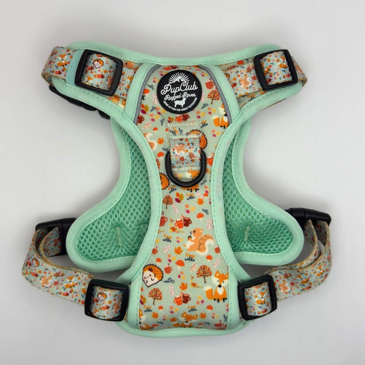 Rugged Rover™ dog harness with woodland animal print and mint mesh panels