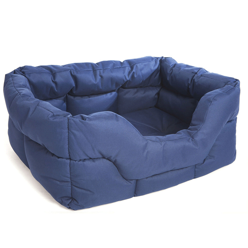 Rectangular high-sided waterproof dog bed in navy blue with cushioned bolsters