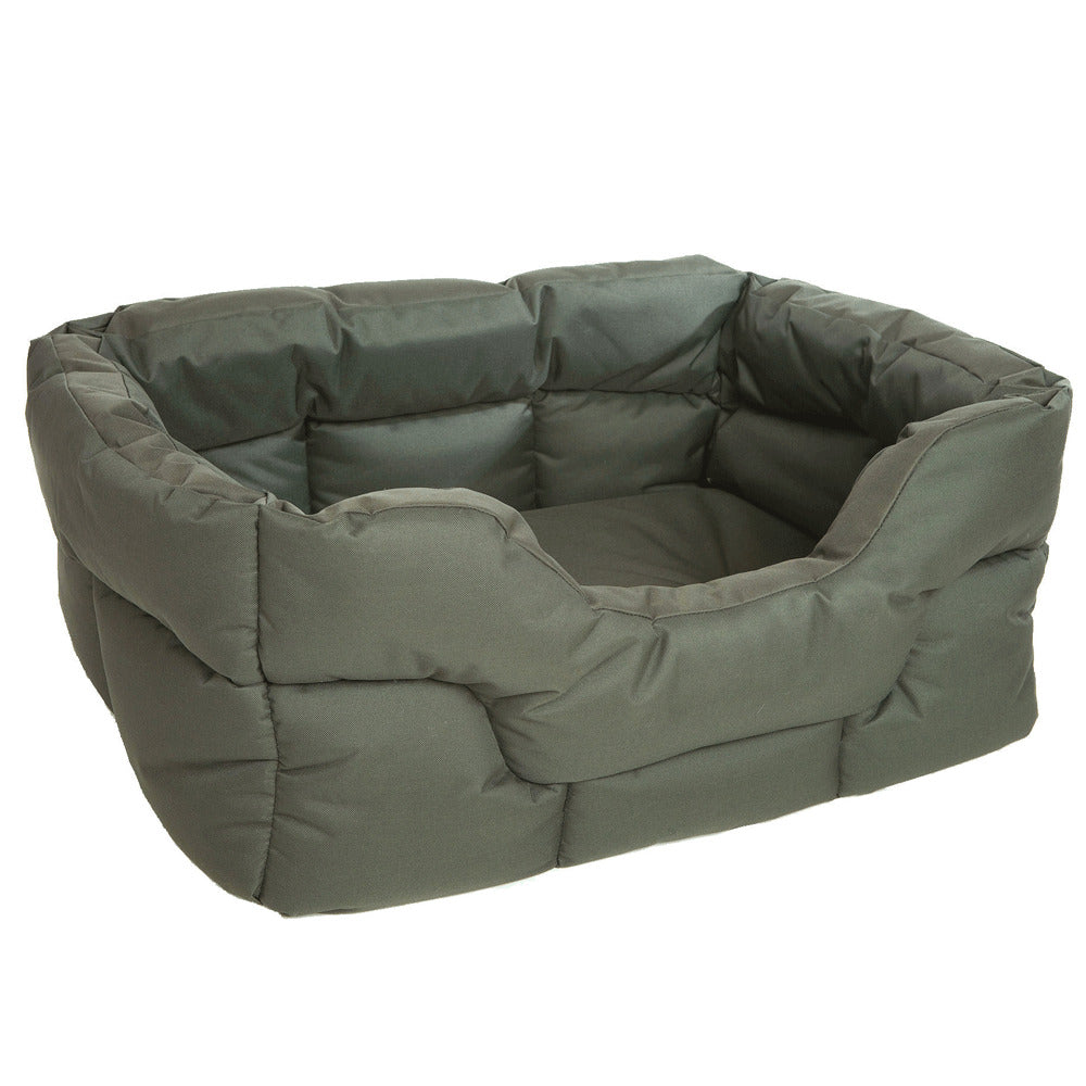 Rectangular high-sided waterproof dog bed in olive green with cushioned bolsters