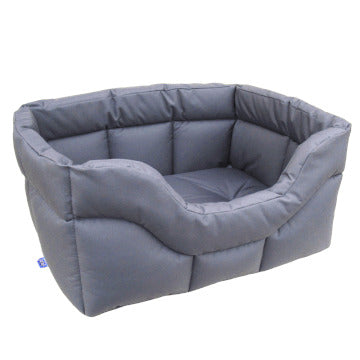 Rectangular high-sided waterproof dog bed in light blue-gray with cushioned bolsters