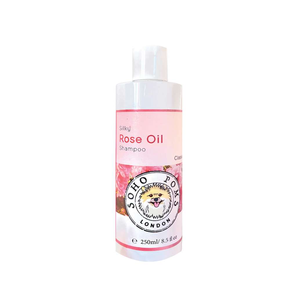 Rose oil dog shampoo bottle, 250 ml, pink label and white cap
