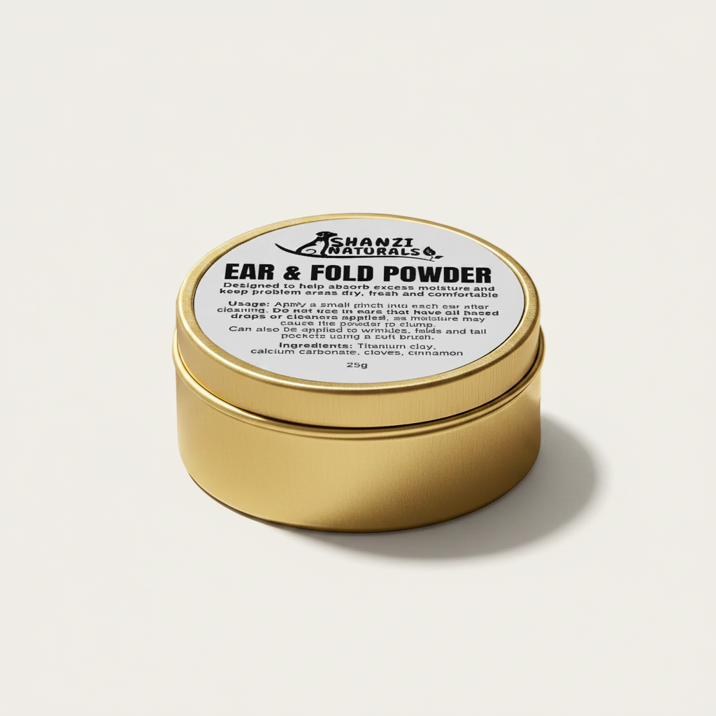 Shanzi Naturals Ear & Fold Powder tin with round gold lid label for dogs and cats