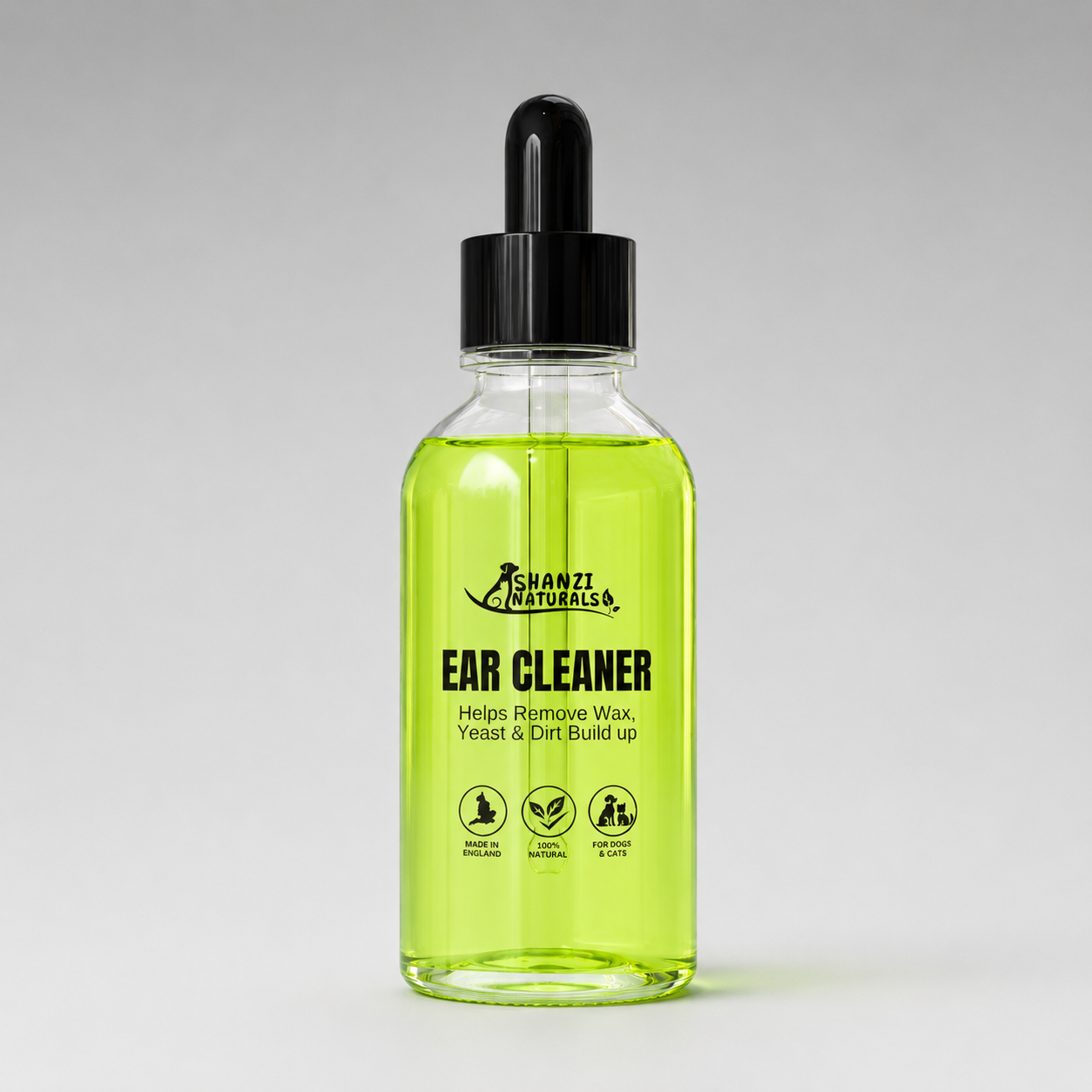 Dog and cat ear cleaner bottle with dropper, green liquid