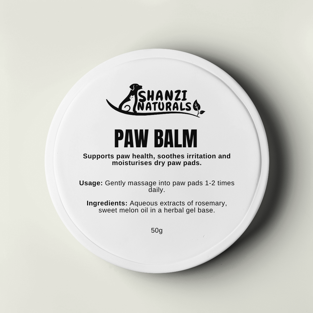 Shahji Naturals dog paw balm tin, white round jar labeled PAW BALM, 50g