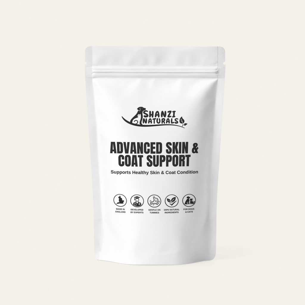 Shanzi Naturals skin & coat support powder pouch, white, upright with seal top
