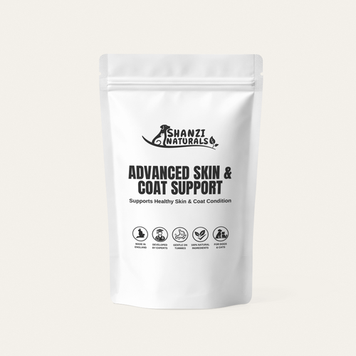 Shanzi Naturals skin & coat support powder pouch, white, upright with seal top