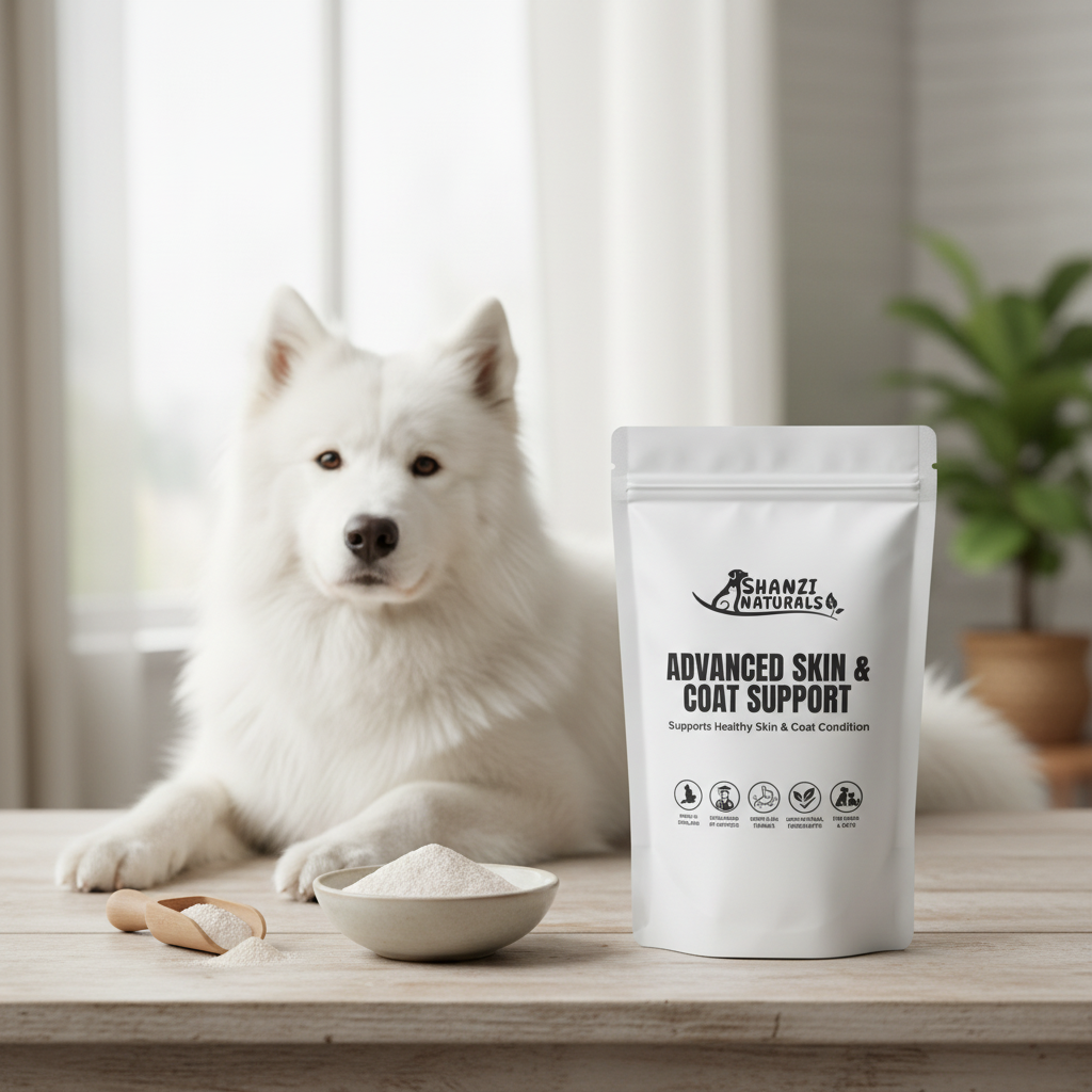 Shanzi Naturals skin & coat support powder pouch, white, standing upright