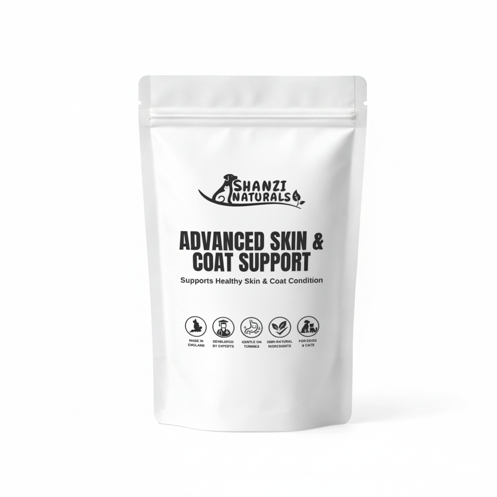 Shanzi Naturals skin & coat support powder pouch, white, front view
