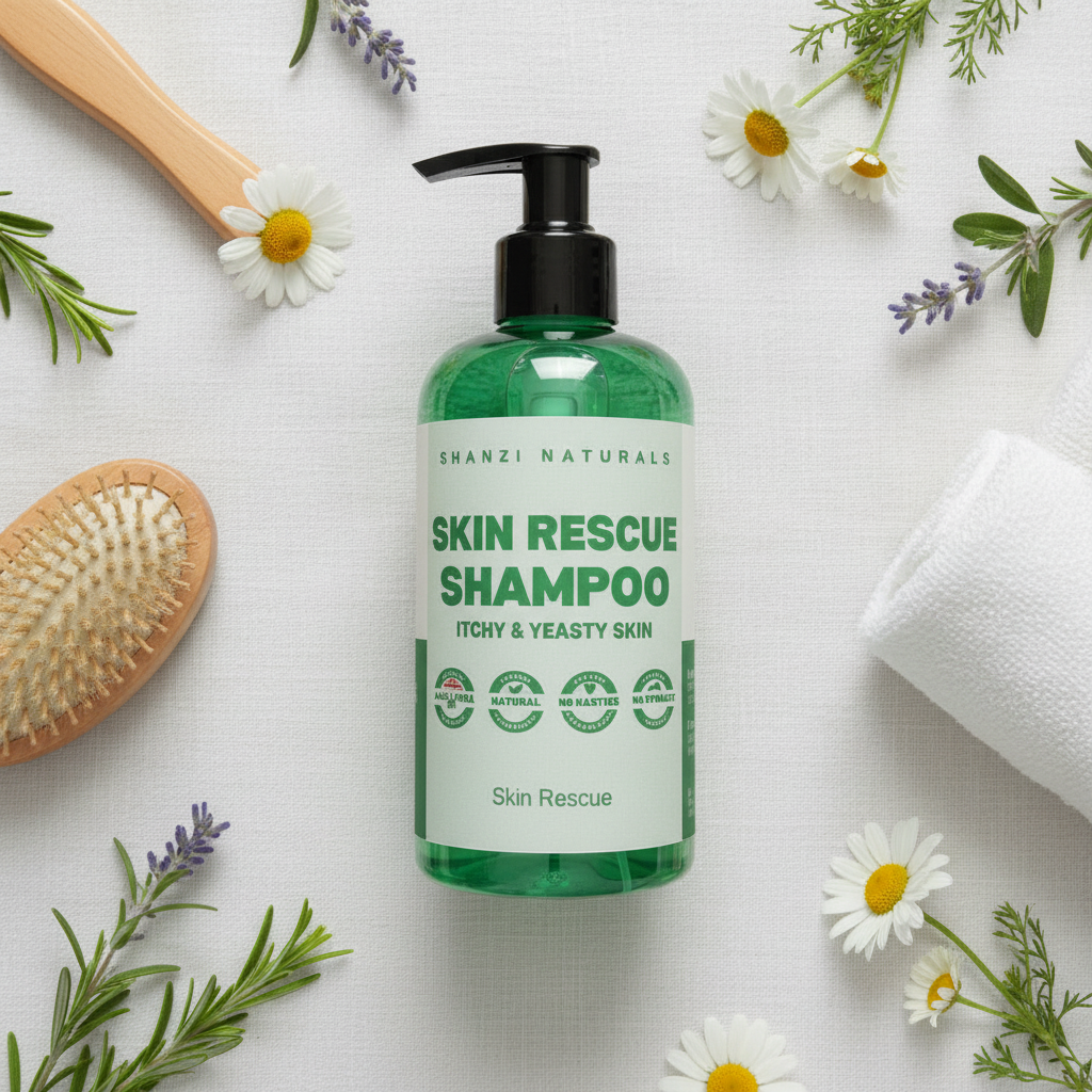 Dog shampoo bottle with green liquid and black pump, surrounded by daisies and herbs