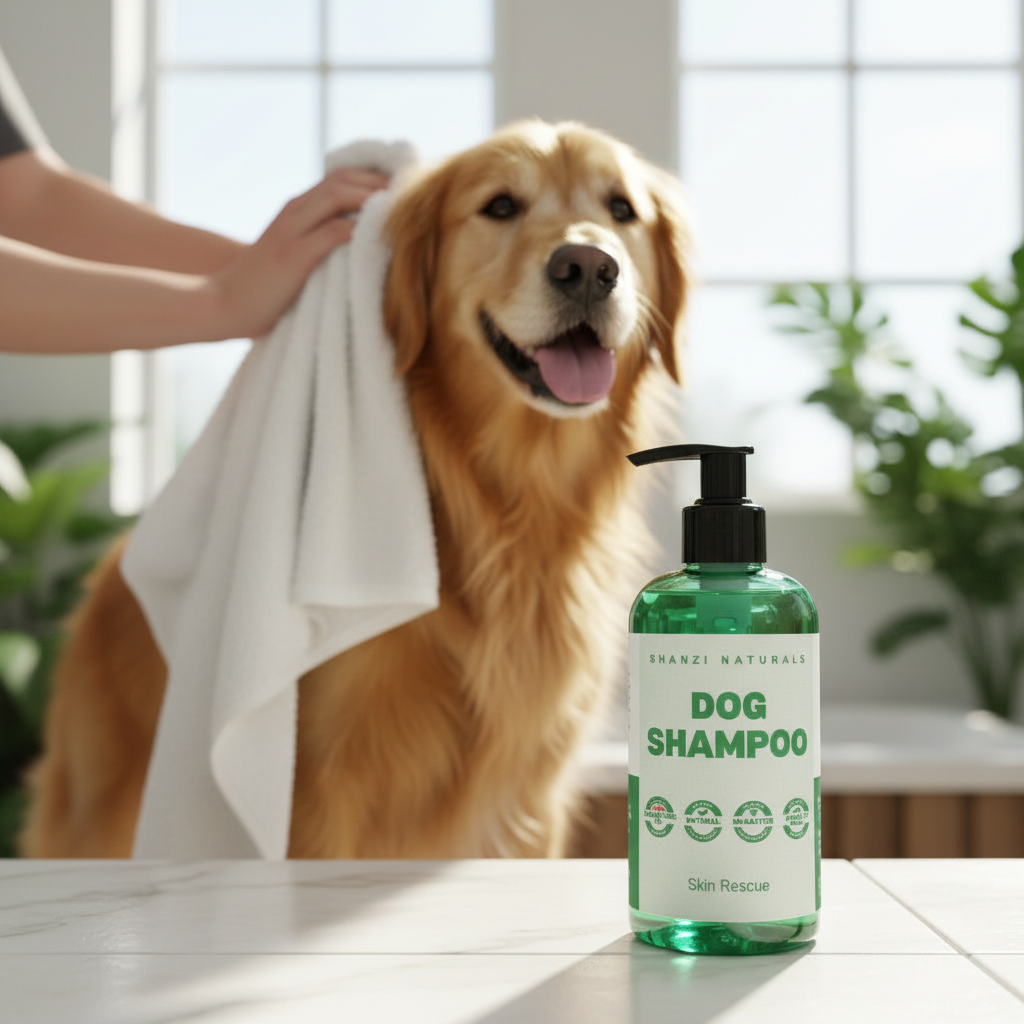 Dog shampoo bottle with green liquid and black pump, on a table