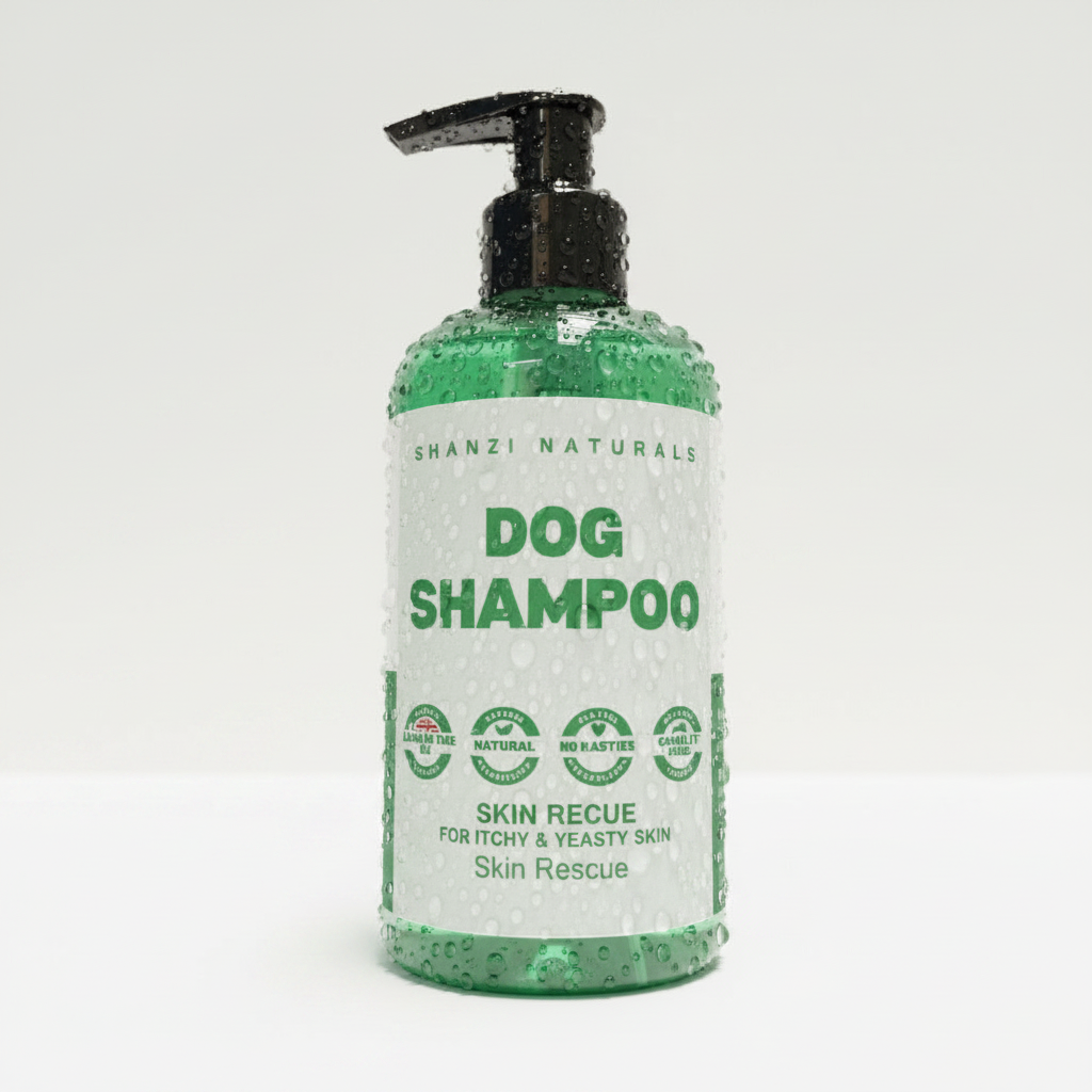 Dog shampoo bottle with green liquid and black pump, Skin Rescue label