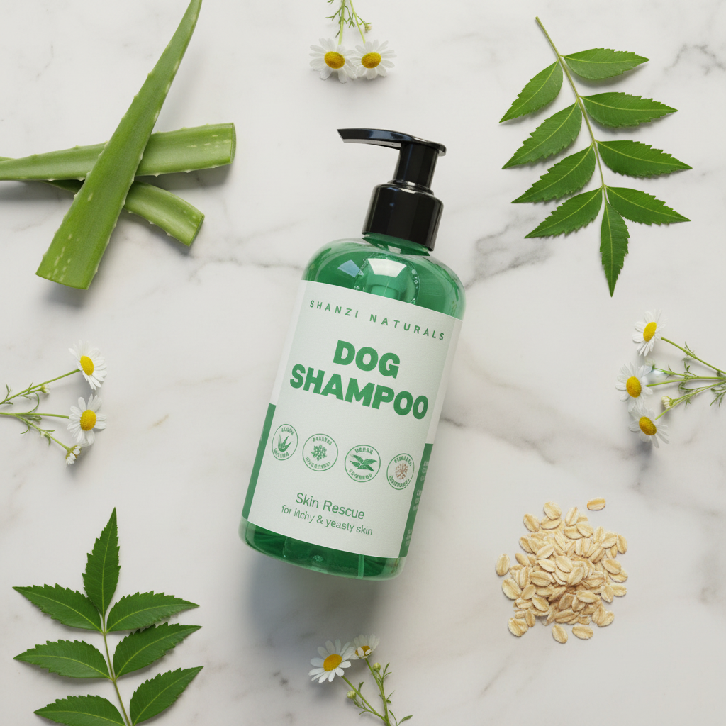Dog shampoo bottle with green liquid and black pump, with green leaves and flowers