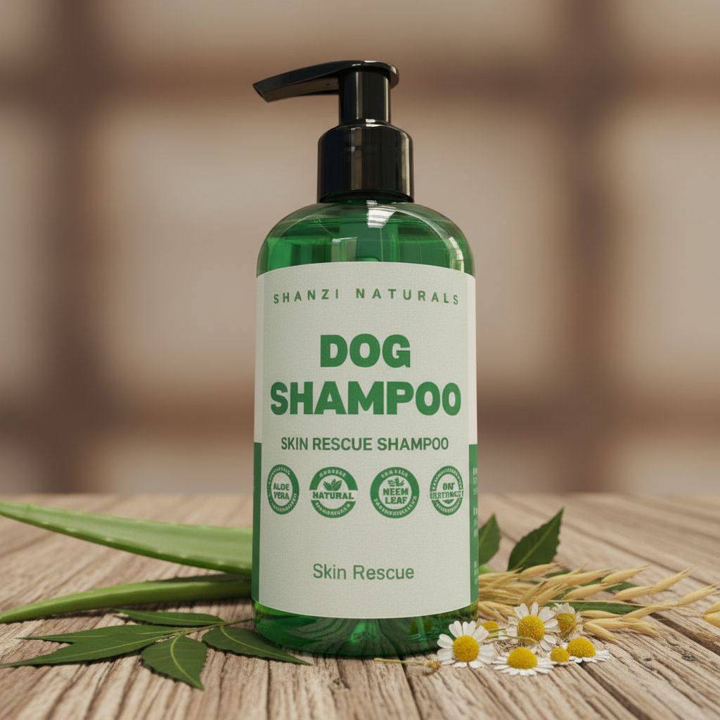 Dog shampoo bottle with green liquid and black pump, with herbs and small flowers
