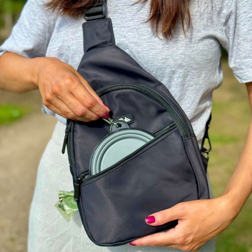 Dog Walking Sling Backpack – Black | Water Resistant | PupClub Couture