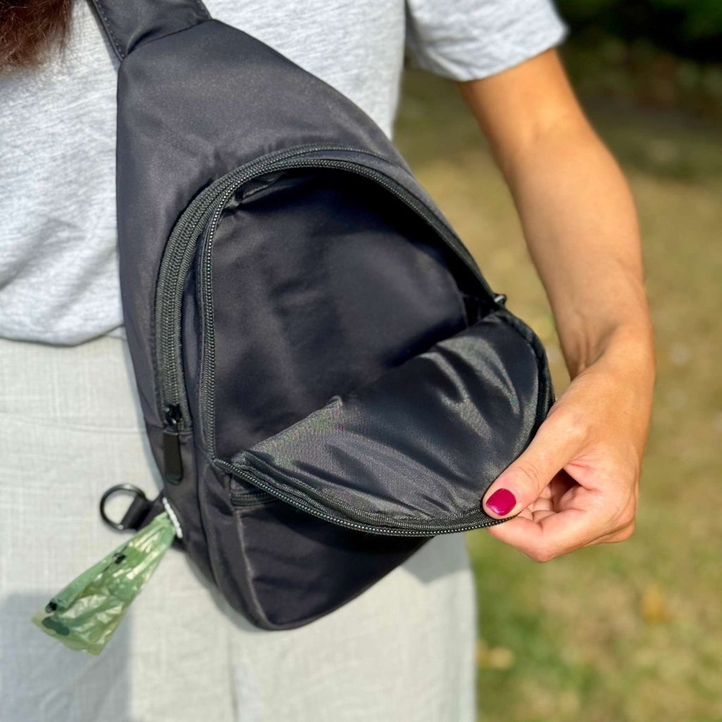 Dog Walking Sling Backpack – Black | Water Resistant | PupClub Couture