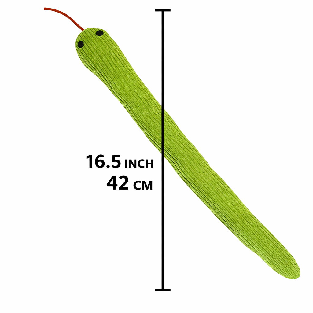 Green plush cat toy snake, 42 cm (16.5 in) long, black eyes, red dangling string