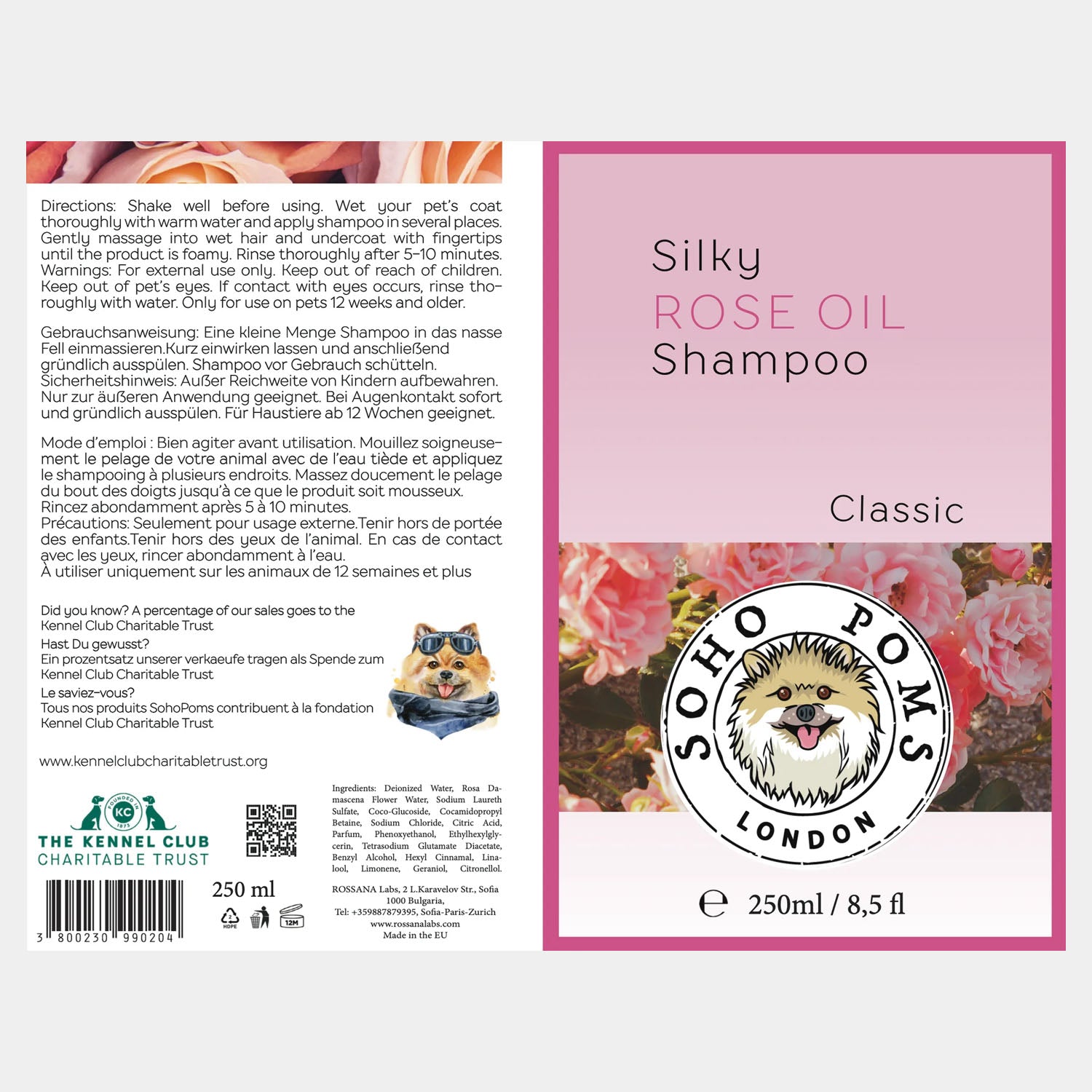 Rose oil dog shampoo packaging label, 250 ml, Classic