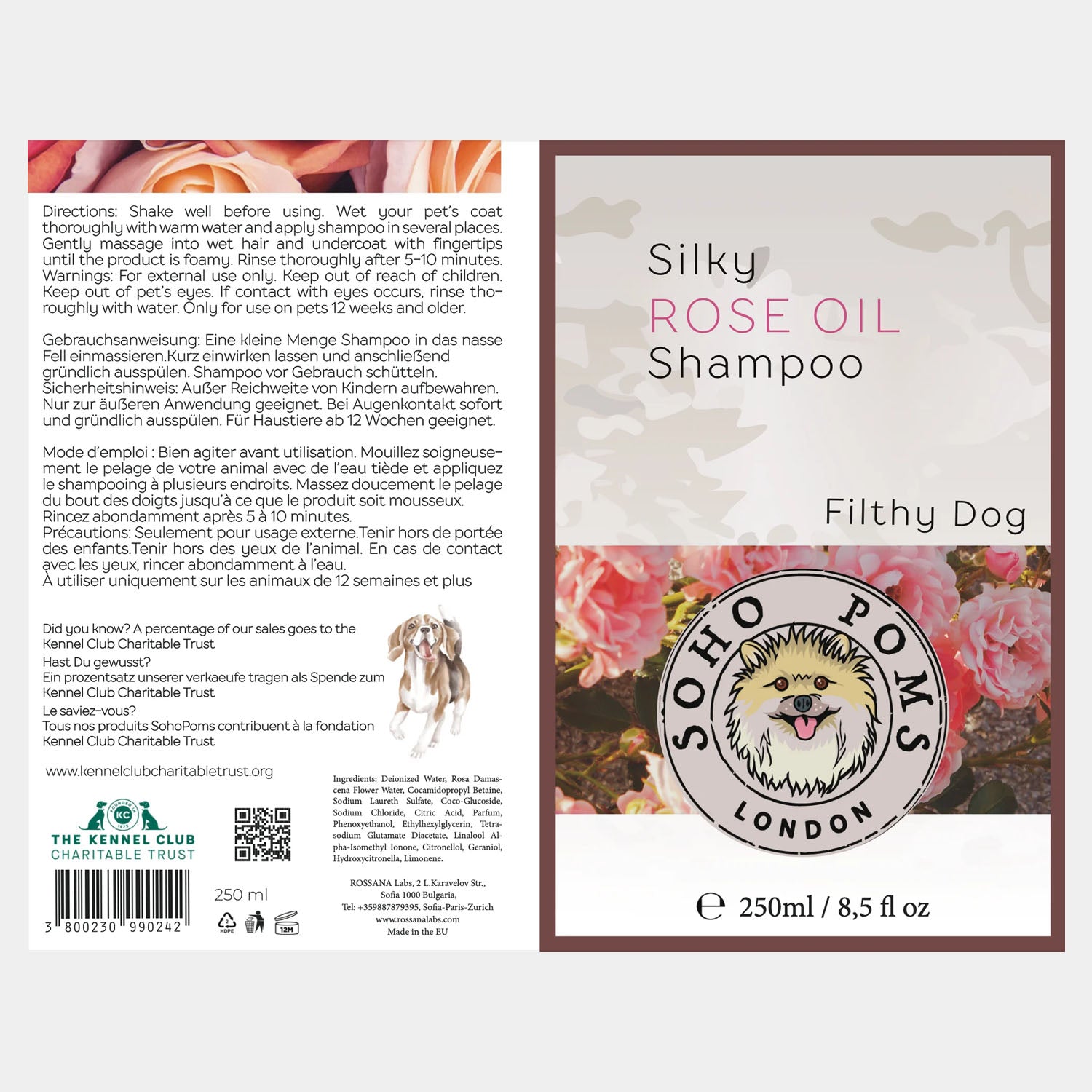 Rose oil dog shampoo packaging label, 250 ml, Filthy Dog