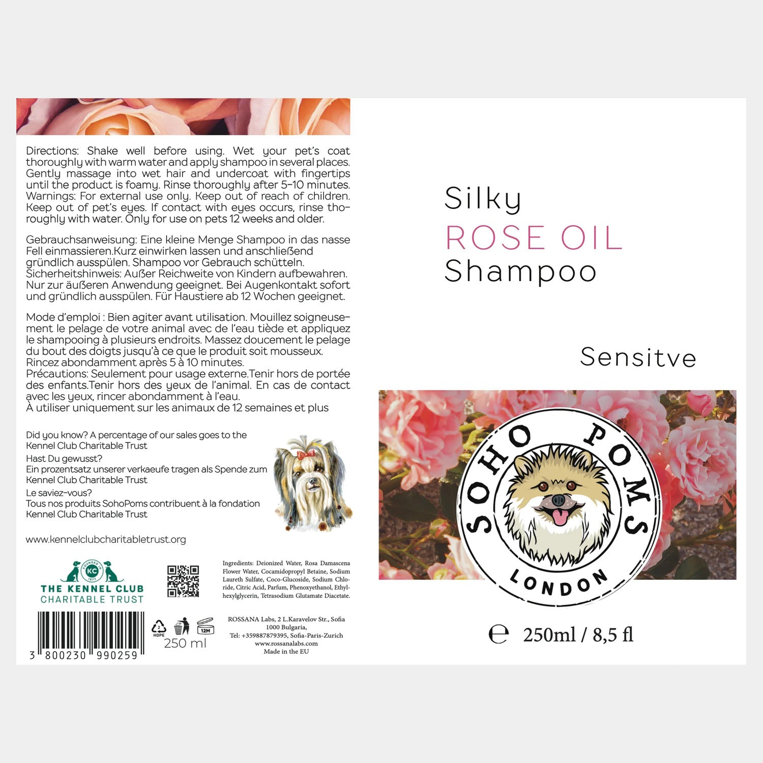 Rose oil dog shampoo packaging label, 250 ml, Sensitive