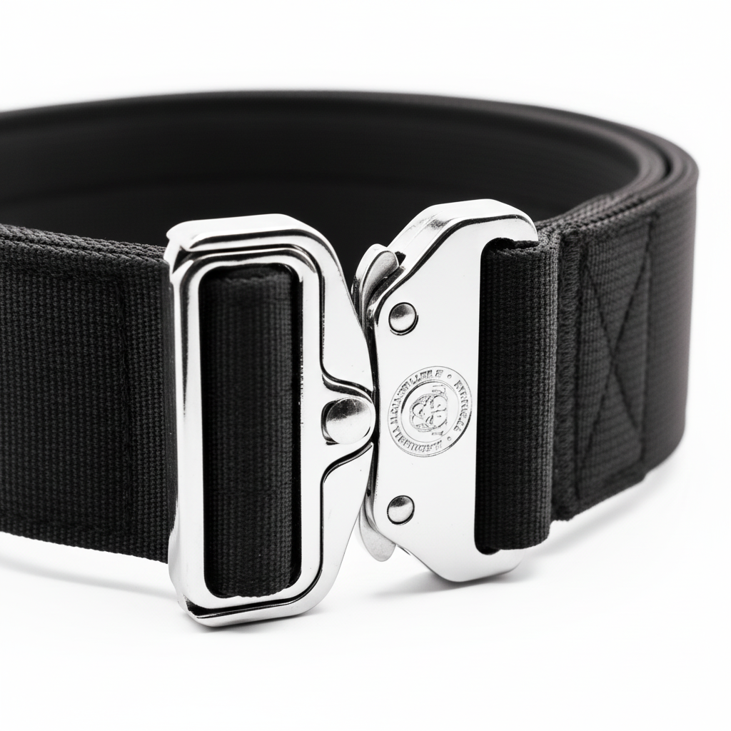 Midnight black tactical dog collar with chrome buckle and branded badge