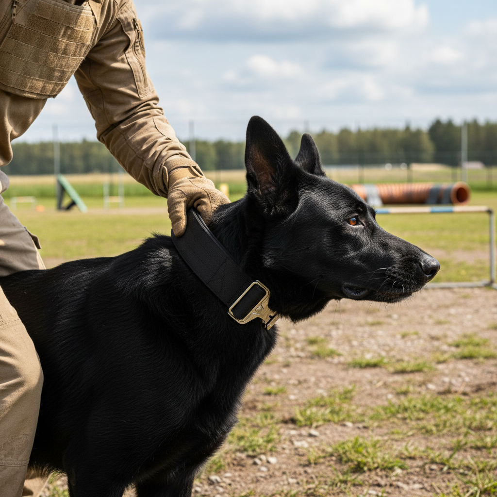 Midnight black tactical dog collar with handle worn by black dog