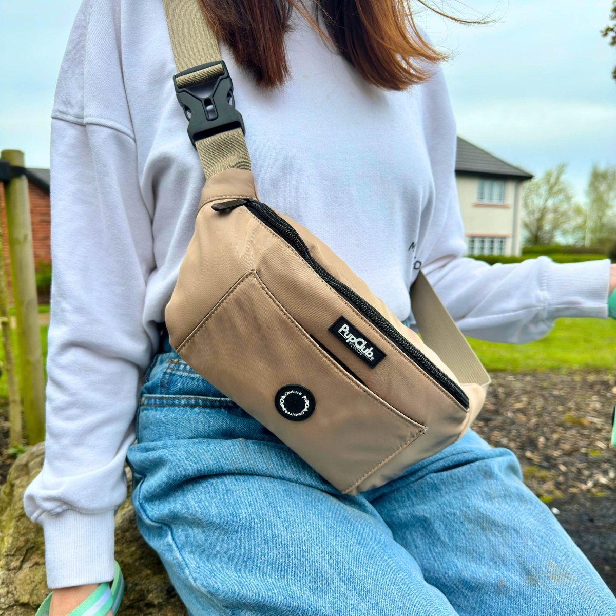 Tan crossbody dog walking bum bag with black zipper and strap