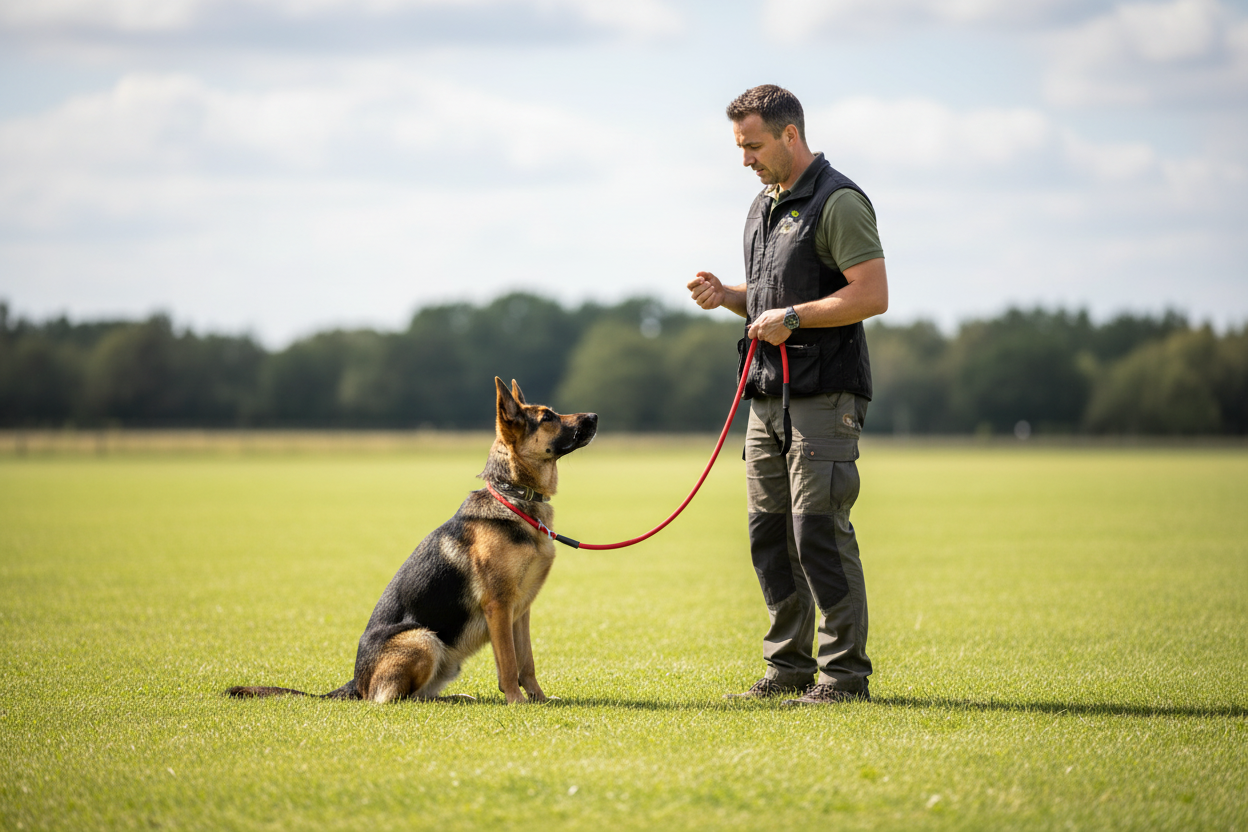 Red nylon slip lead with black handle in use on training walk