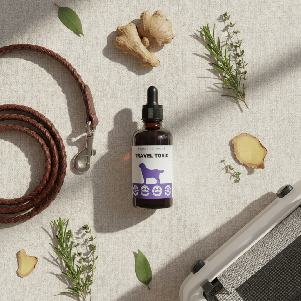 Travel Tonic tincture bottle with dropper and front label, amber glass on flat lay