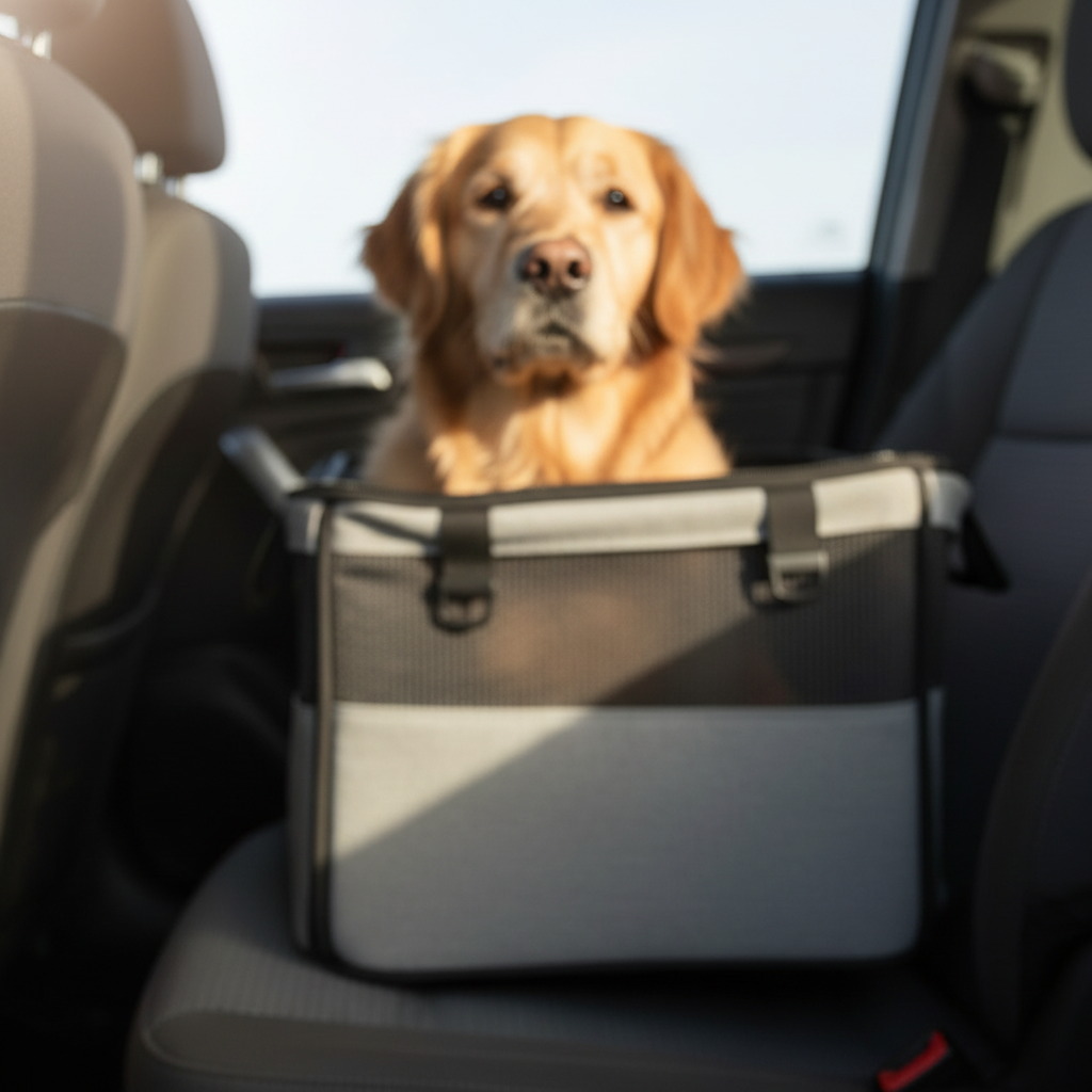 Travel sickness tincture: golden retriever sitting in a car seat pet carrier