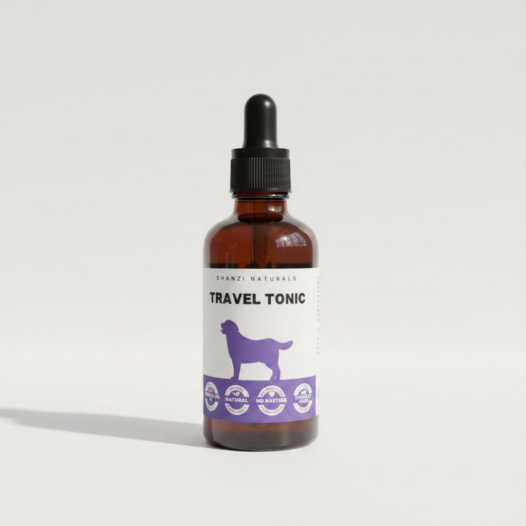 Travel Tonic tincture bottle with dropper, amber glass and black cap, label facing forward