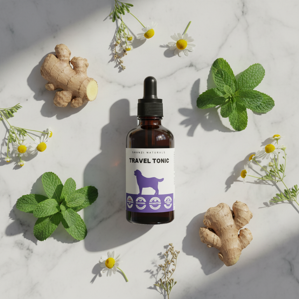 Travel Tonic tincture bottle with dropper, amber glass, surrounded by mint, ginger, and flowers