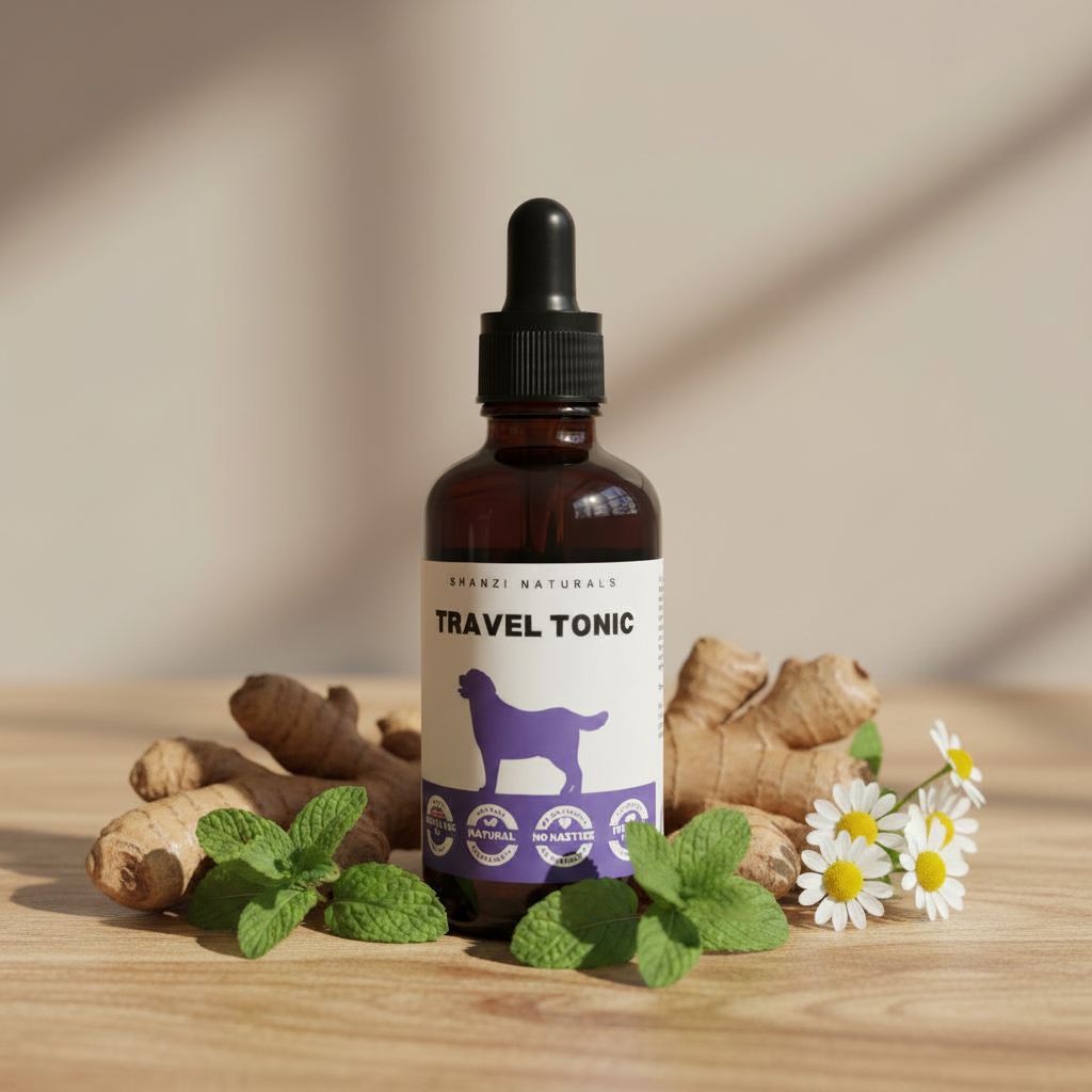 Travel Tonic tincture bottle with dropper, amber glass and black cap, with mint and ginger