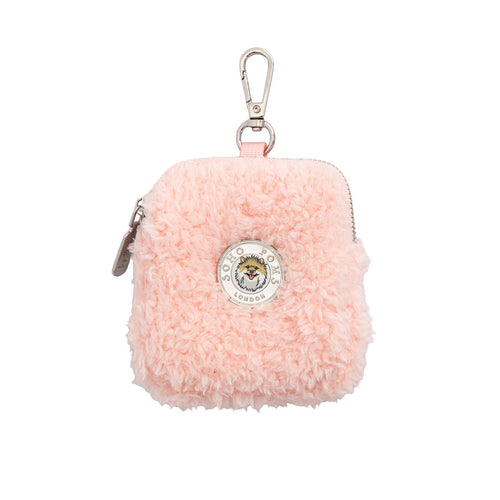 Blush rose fluffy treat pouch with zipper and metal key clip, round logo patch