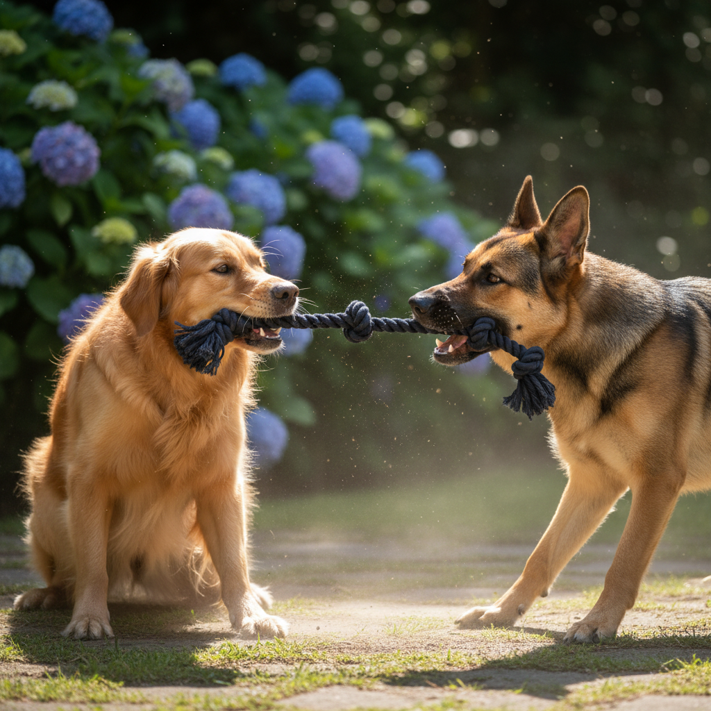 Dark cotton rope tug toy held by two dogs with frayed tassels