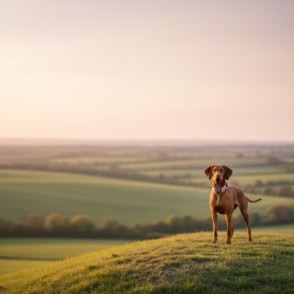 Dog wearing a pink tactical dog collar with handle