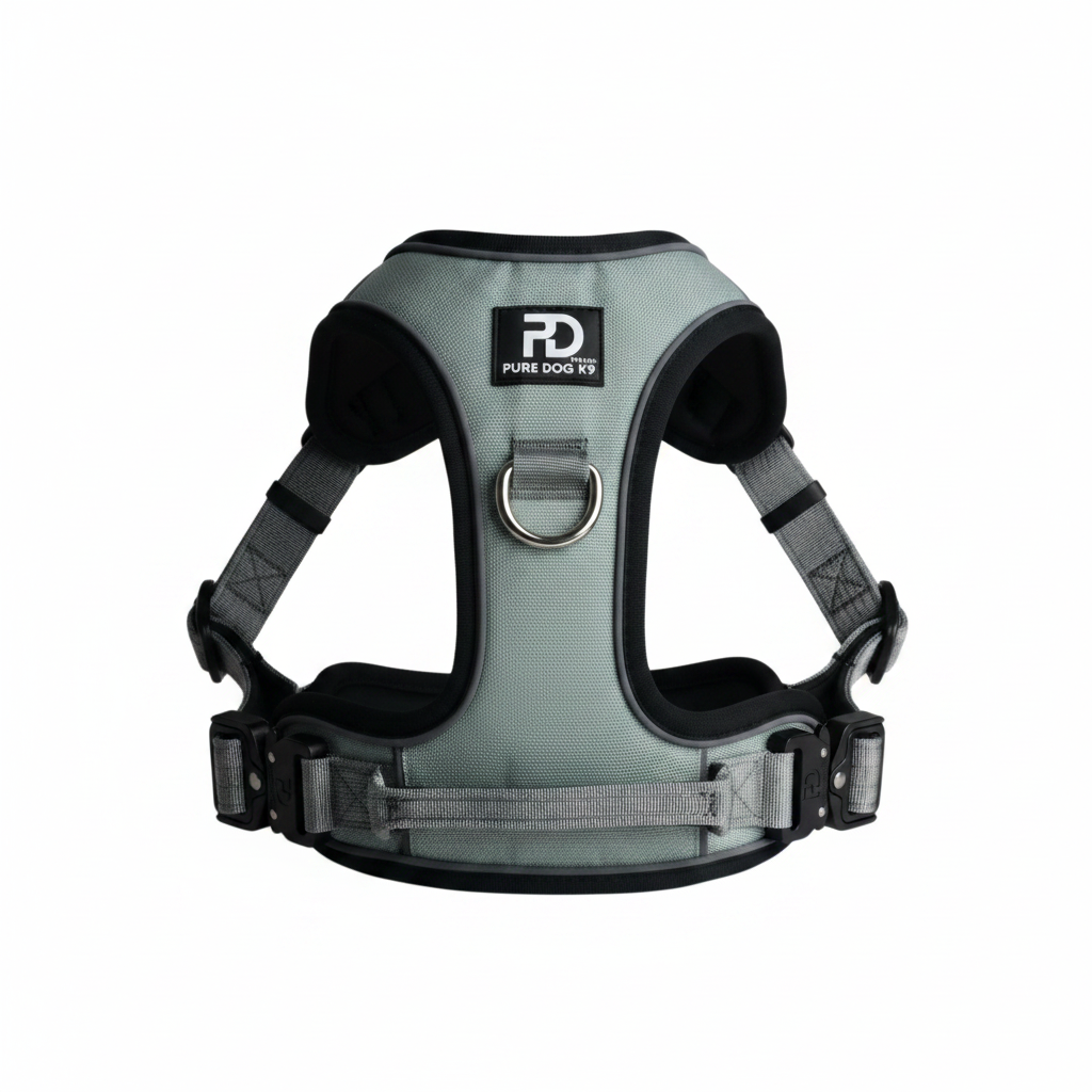 Grey dog comfort harness with logo patch, front D-ring, and adjustable side straps