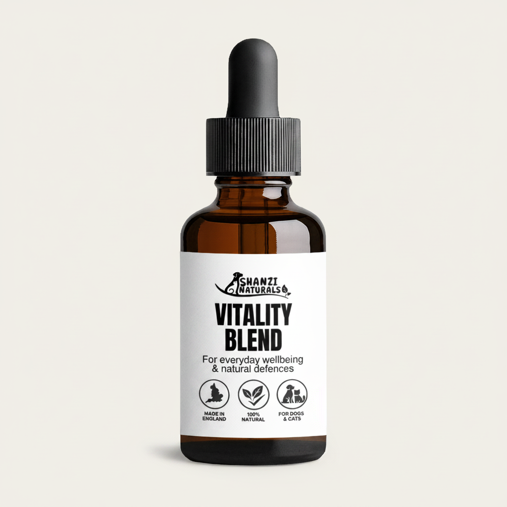 Vitality Blend tincture bottle with dropper, amber glass and ribbed black cap