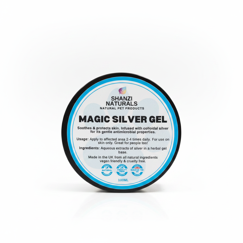 Magic Silver Gel jar with Shanzi Naturals label, 100ml, black and blue lid