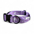 Purple tactical dog collar with unicorn print, black buckle and D-ring