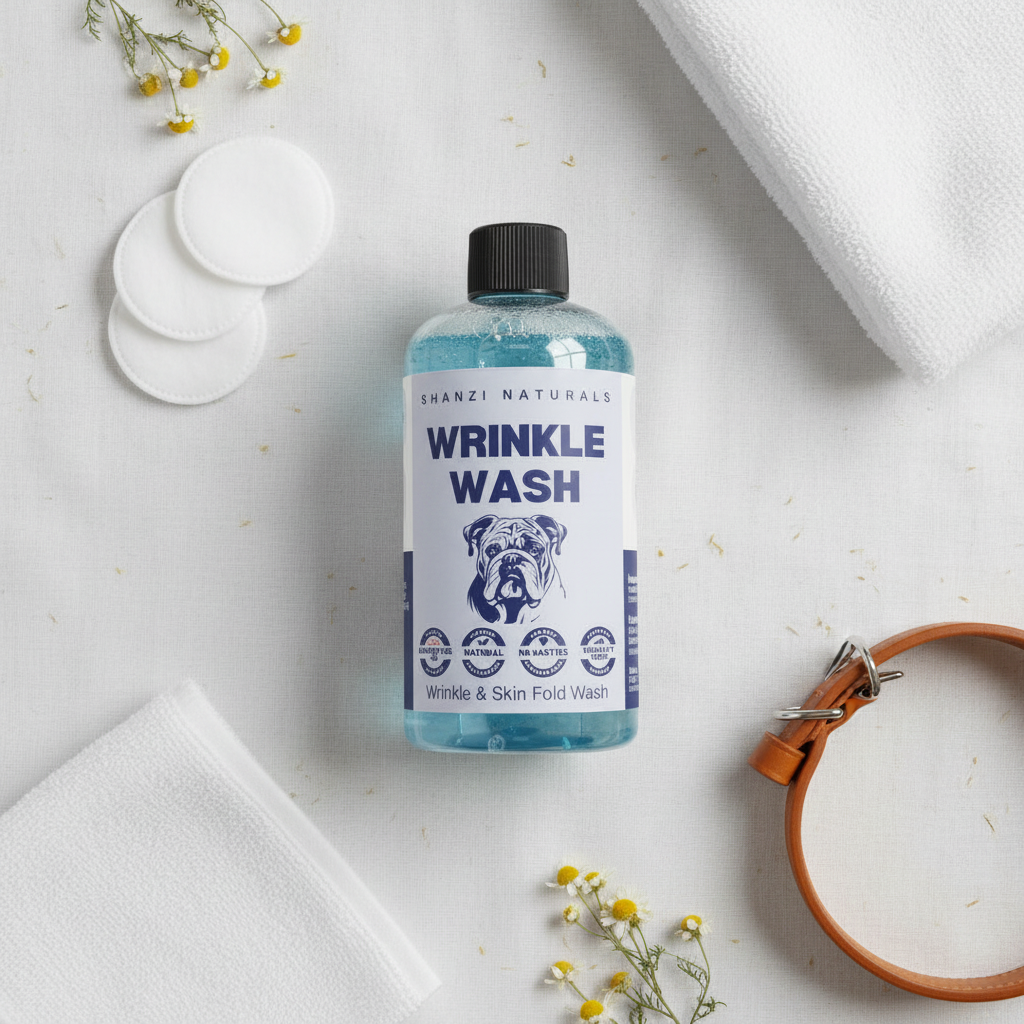 Wrinkle wash bottle with black cap centered on white fabric with scattered yellow petals