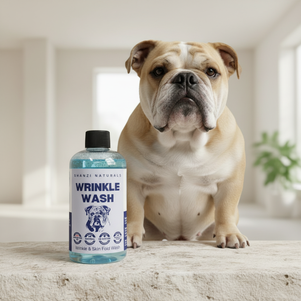 Wrinkle wash bottle with black cap on a floor next to a sitting tan dog