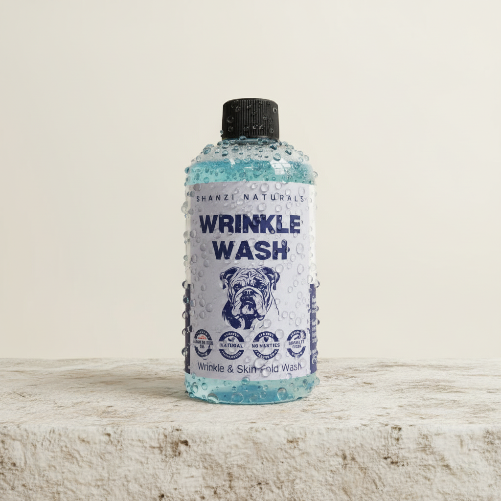 Wrinkle wash bottle with black cap, blue label, with visible water droplets on the bottle